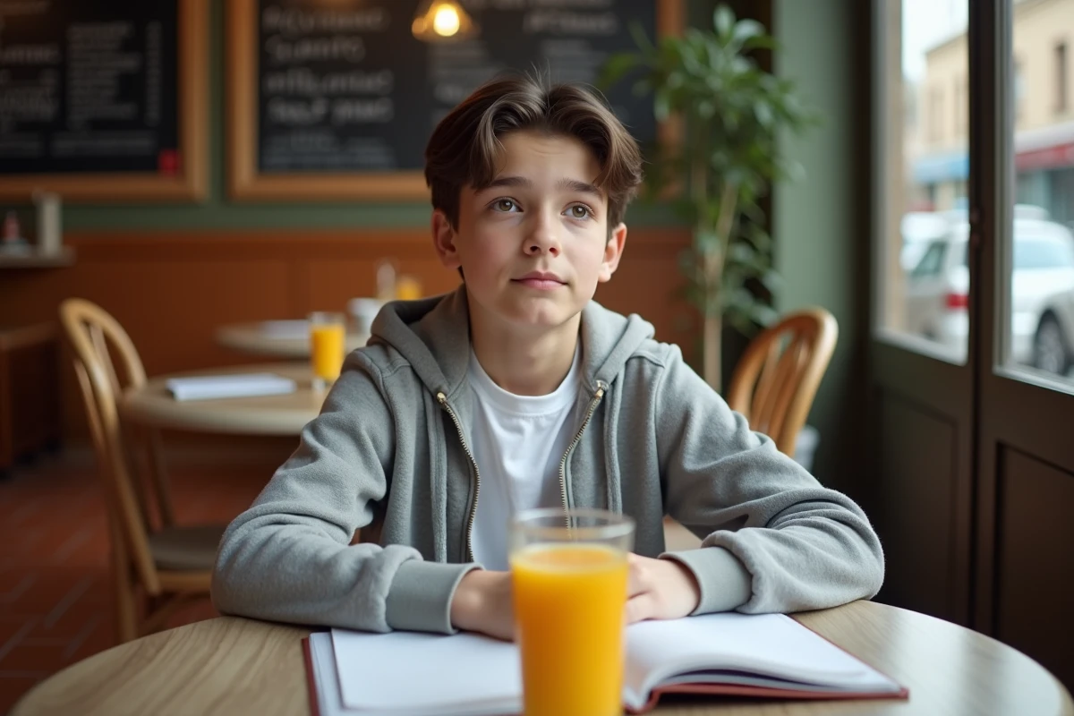 Jeune homme attablé dans un café parisien avec un carnet, illustrant le parcours studieux du fils de Jenifer