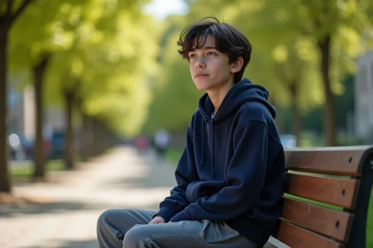 Jeune adolescent assis dans un parc parisien, illustrant le parcours d'Aaron Nouchy fils de Jenifer
