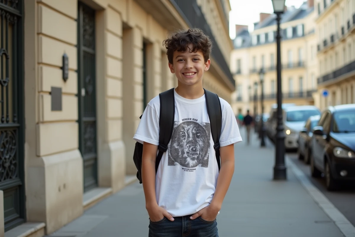 Adolescent marchant dans une rue parisienne haussmannienne, évoquant le quotidien du fils de la chanteuse Jenifer