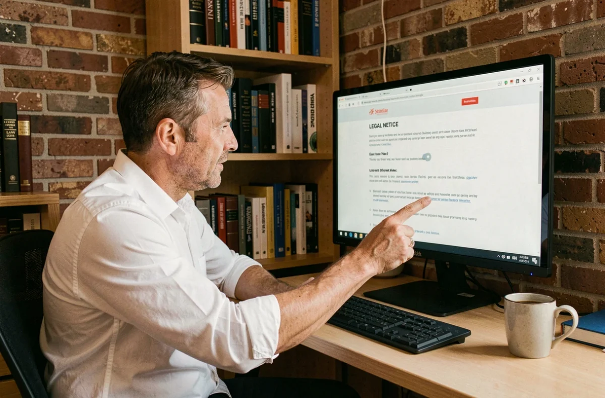 Homme analysant les mentions légales d'un site web sur un grand écran dans un bureau à domicile