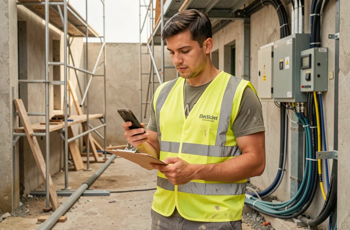 Apprenti électricien consultant le site Electriciret sur smartphone sur un chantier de construction