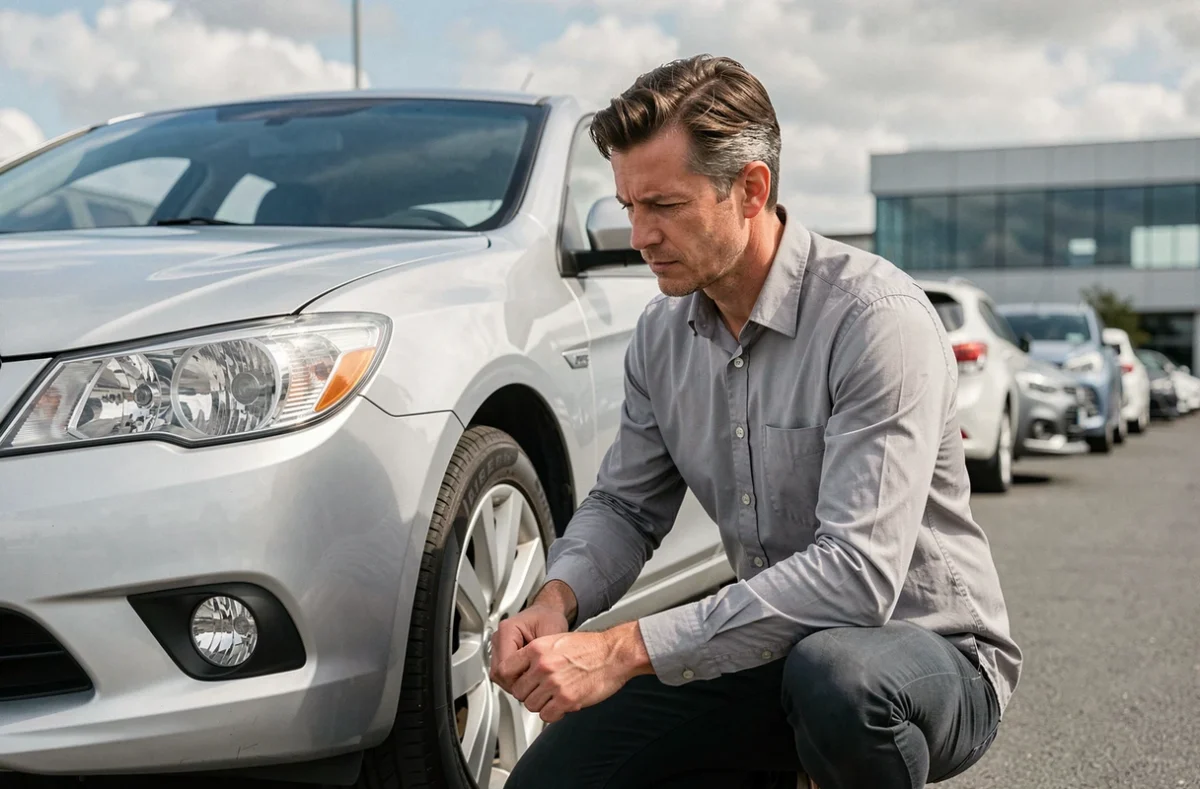 Homme examinant attentivement une voiture d'occasion dans un parking de concessionnaire automobile
