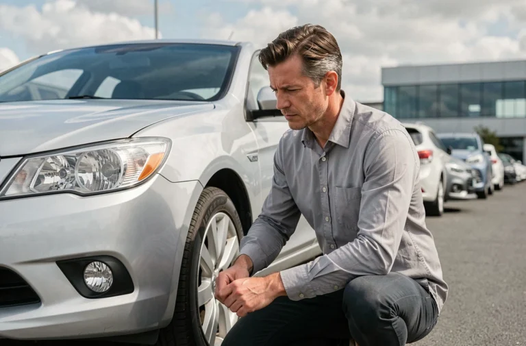Homme examinant attentivement une voiture d'occasion dans un parking de concessionnaire automobile
