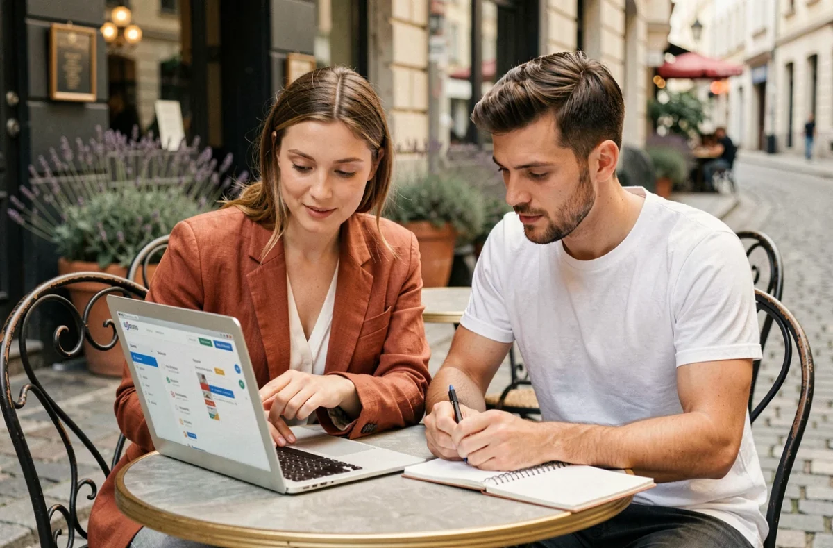 Deux webmasters collaborant autour d'un ordinateur portable sur une terrasse de café parisien en plein air