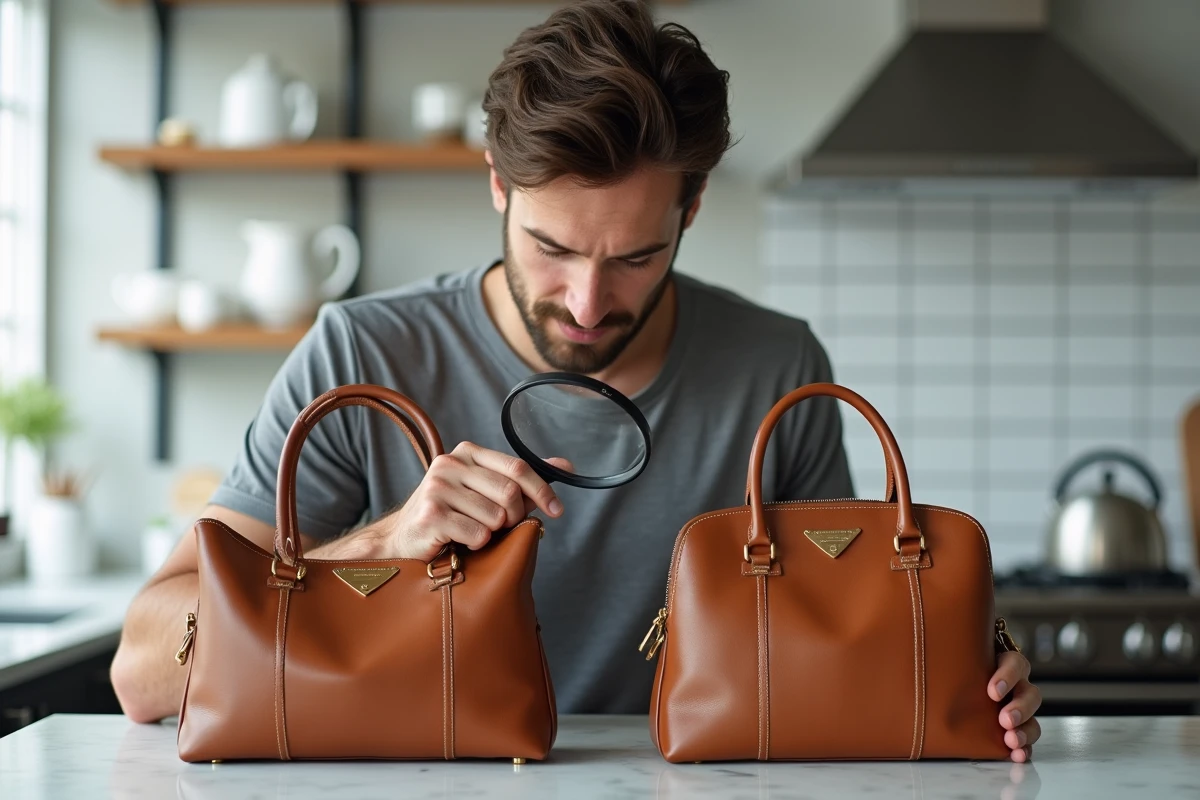 Comparaison de deux sacs en cuir pour détecter une contrefaçon par rapport à un produit authentique Zalando