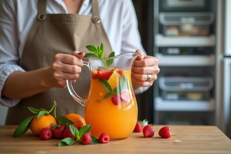Femme préparant un punch maison avant de le congeler dans des contenants hermétiques au congélateur