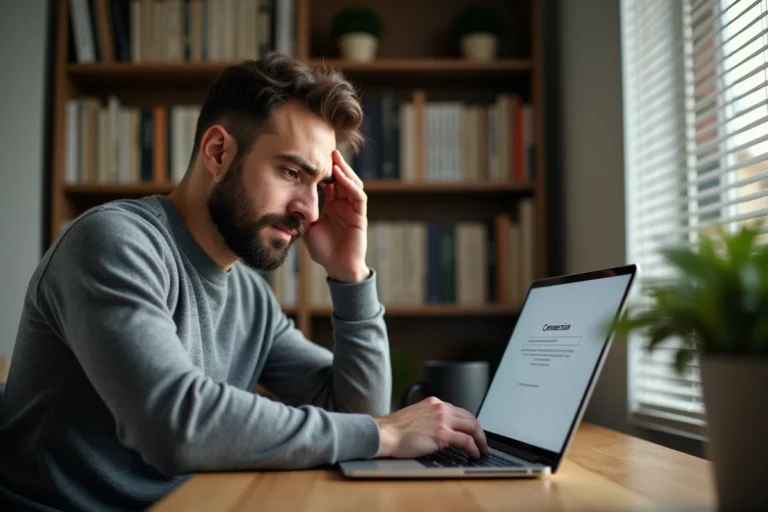 Homme frustré devant un écran d'erreur de connexion Internet sur un ordinateur portable dans un bureau à domicile