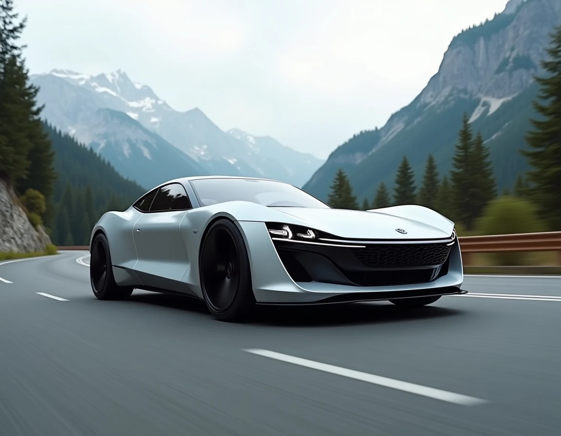 Coupé sportif 2024 sur une route de montagne sinueuse dans les Alpes françaises avec paysage naturel