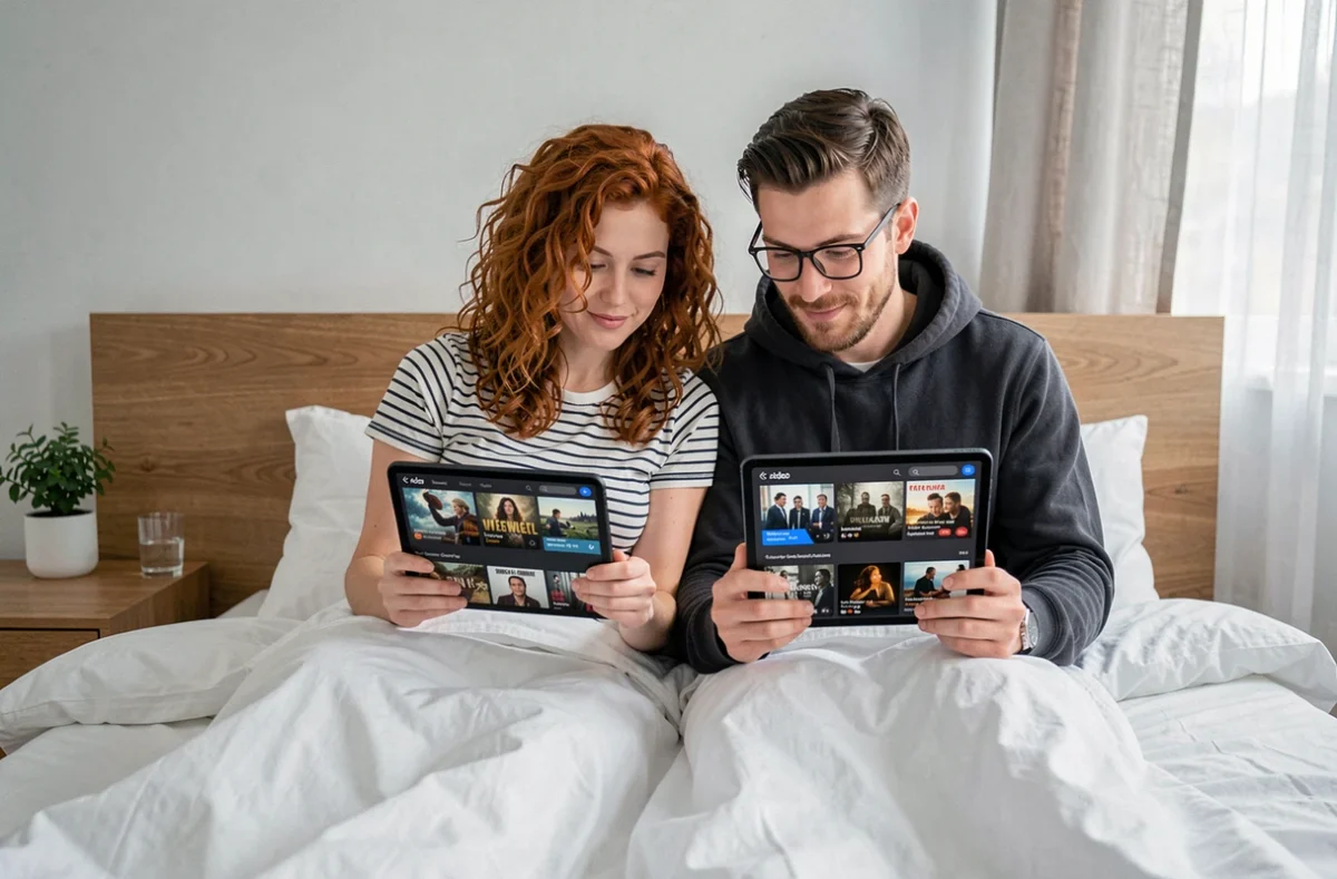 Couple parcourant ensemble une plateforme de streaming sur tablette dans une chambre moderne minimaliste