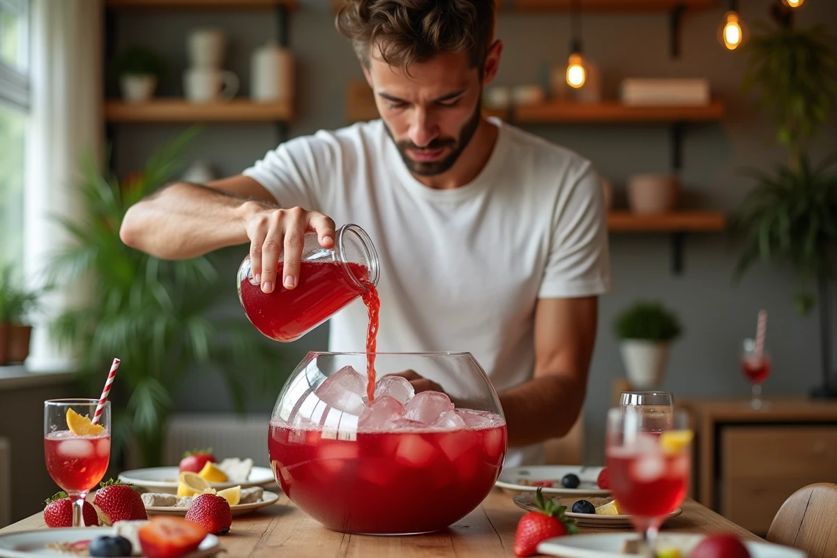 Homme versant du punch maison décongelé dans un bol de service pour une réunion festive