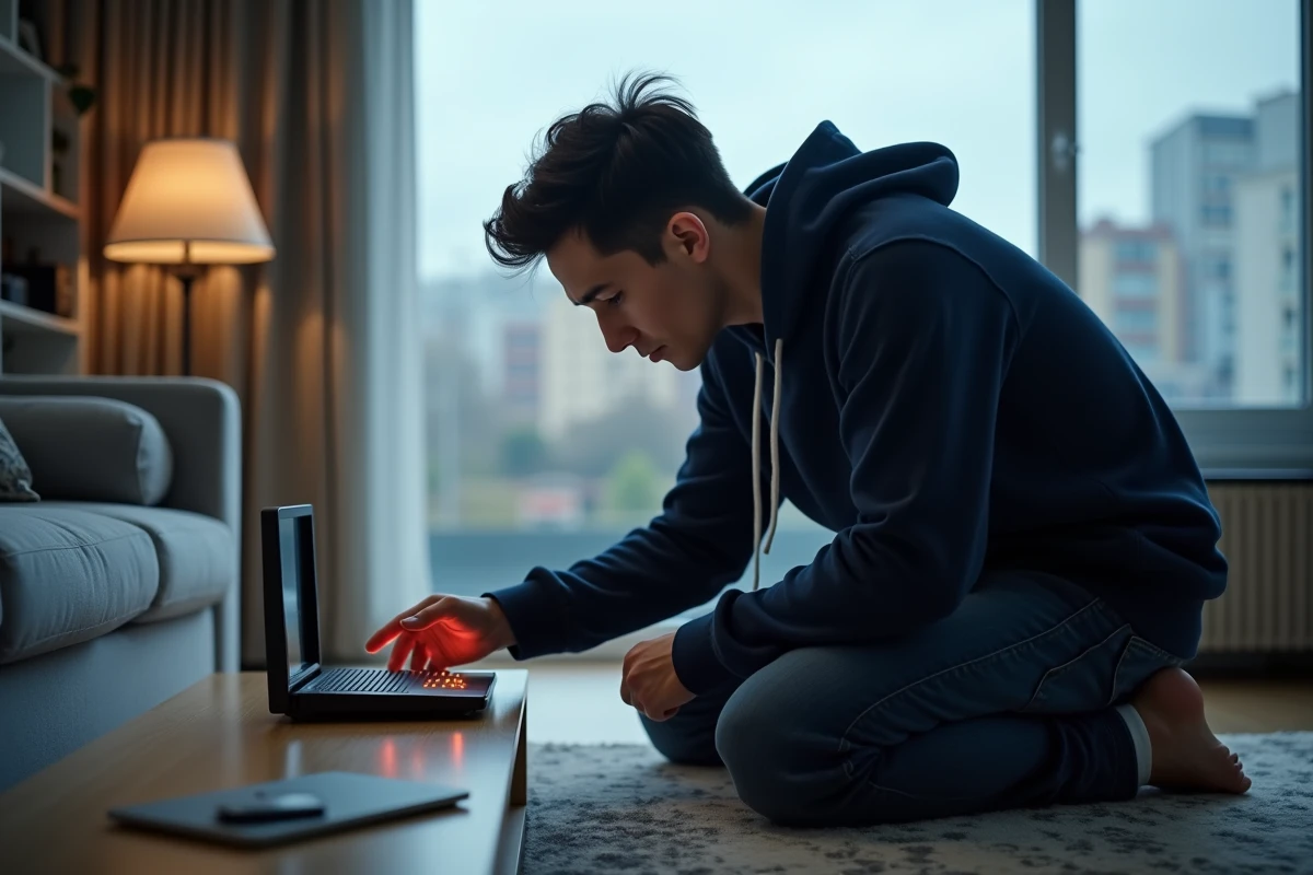 Jeune homme inspectant les voyants clignotants d'un routeur Internet domestique pour résoudre un problème de connexion