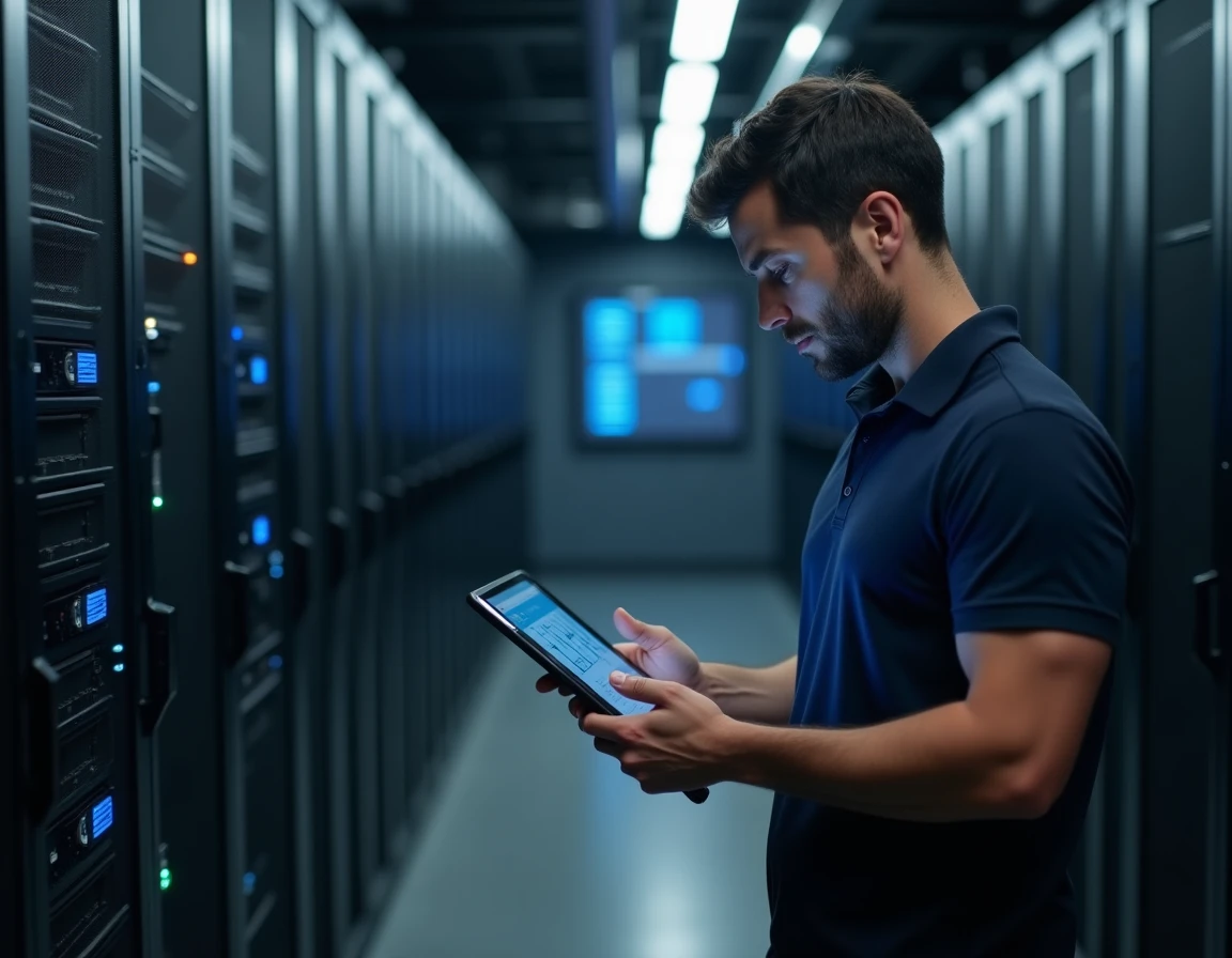 Ingénieur informatique analysant un pipeline de déploiement sur tablette devant des serveurs dans un datacenter moderne