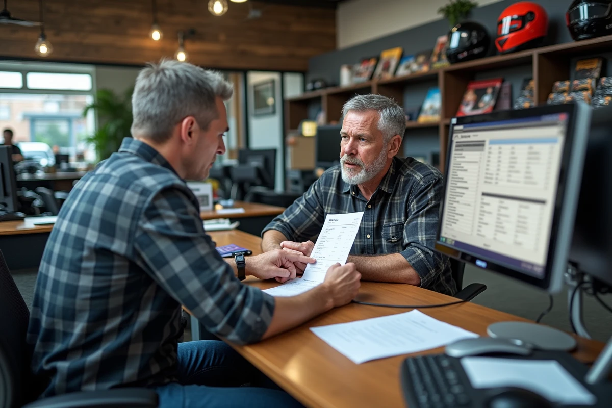 Client discutant du devis de transformation moto en trike avec un conseiller d'atelier