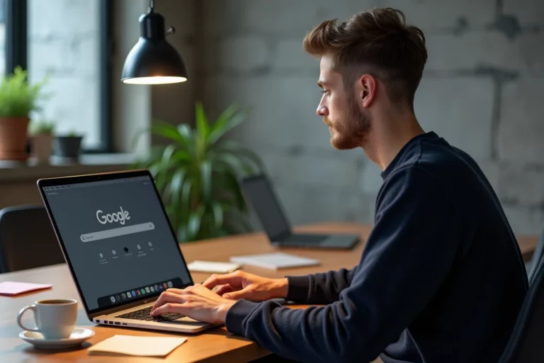 Jeune early adopter masculin explorant l'outil RabbitFinder sur un ordinateur portable dans un bureau minimaliste à domicile