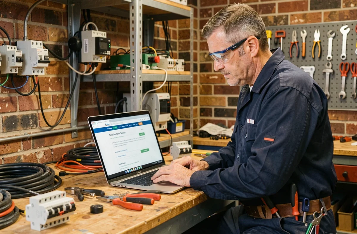 Électricien professionnel consultant le site Electriciret sur un ordinateur portable dans son atelier