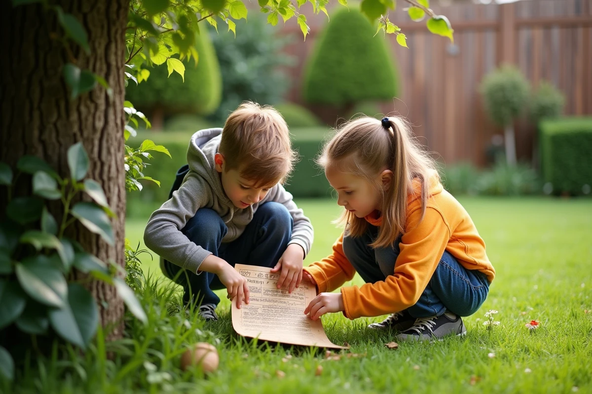 Deux enfants de 6 ans découvrant une énigme dans le jardin