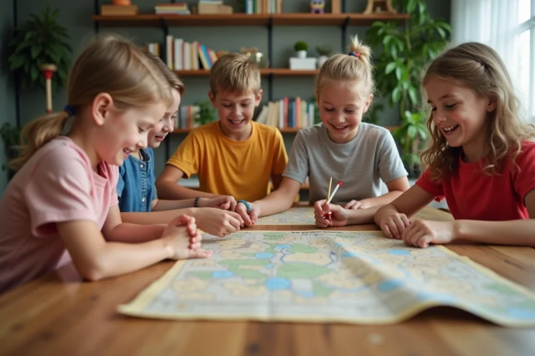 Groupe d'enfants de 6 ans avec cartes au repas intérieur