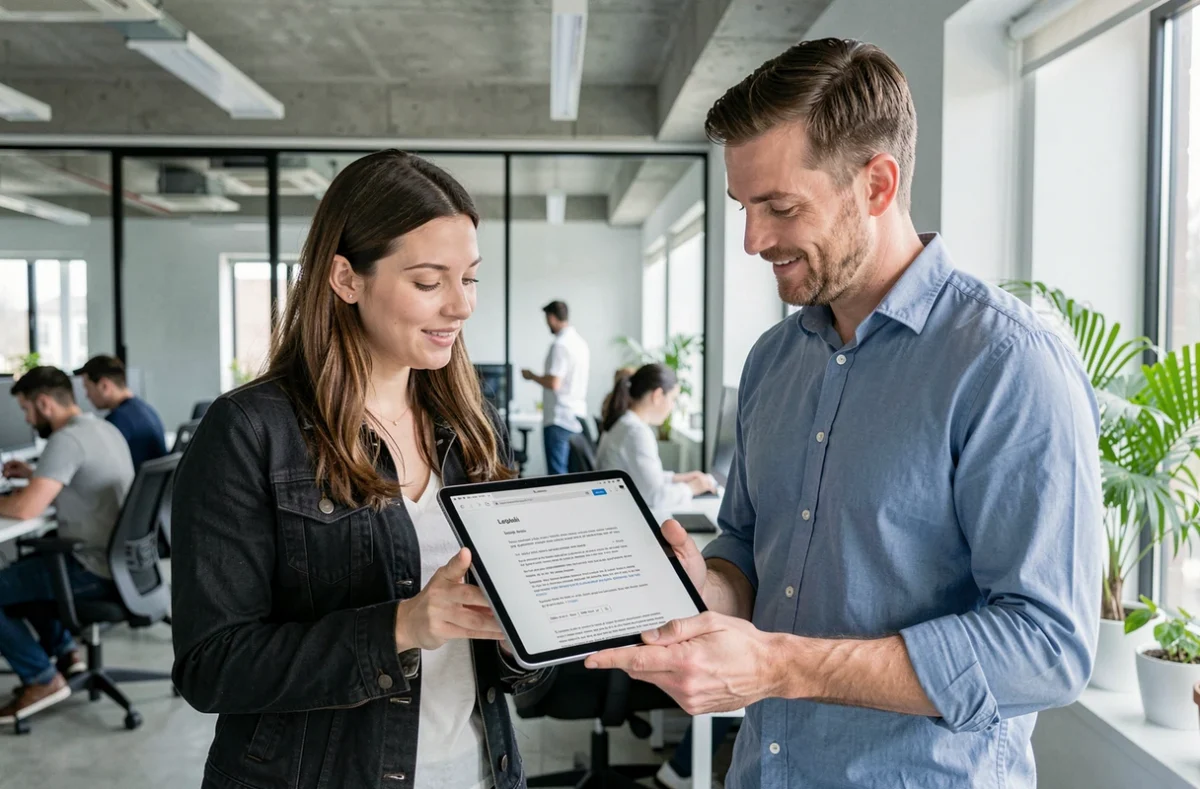 Deux collègues examinant ensemble les mentions légales d'un site internet sur une tablette dans un espace de coworking