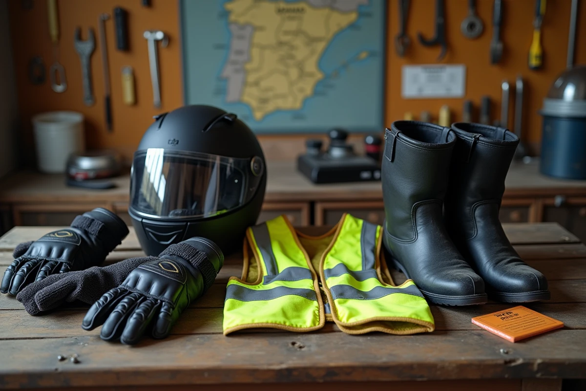 Vue à plat de l'équipement moto réglementaire obligatoire en Espagne incluant casque homologué, gilet réfléchissant, gants et bottes de protection