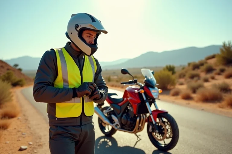 Motard équipé de manière réglementaire en Espagne avec casque homologué, gilet réfléchissant et gants de protection, au bord d'une route espagnole
