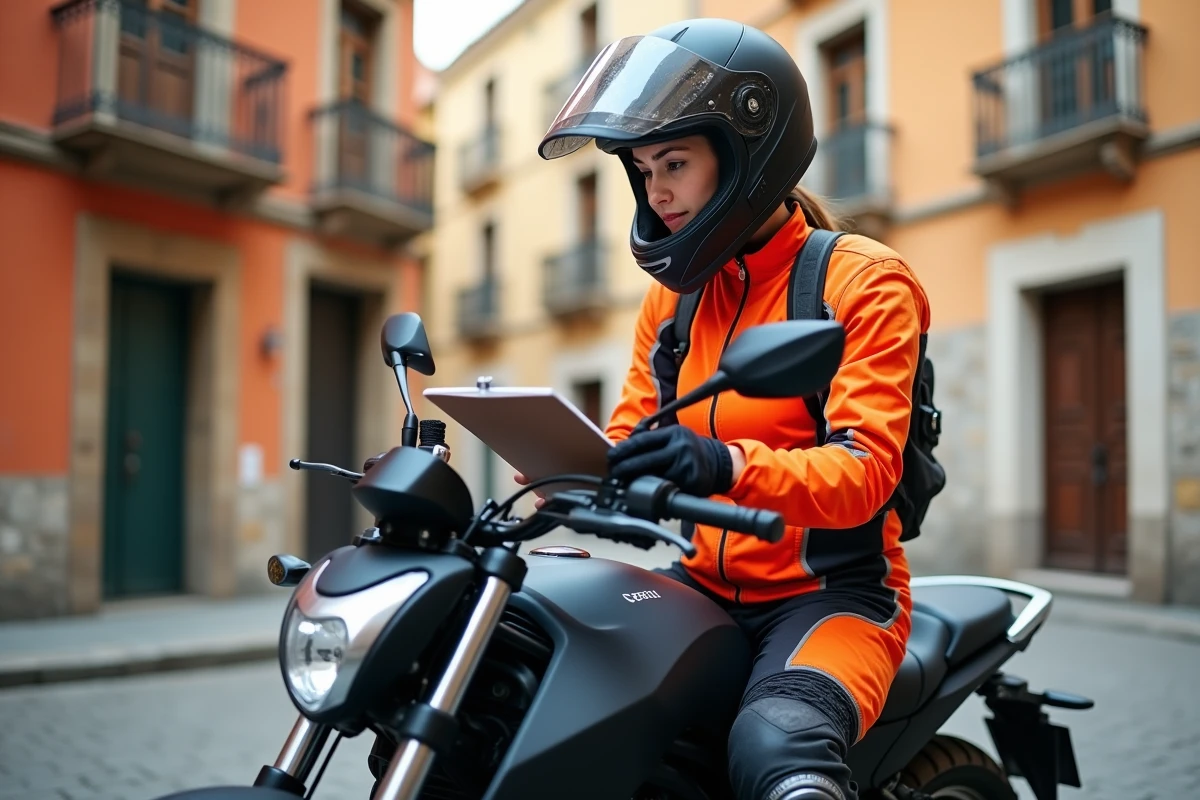 Motarde en ville espagnole vérifiant la liste de l'équipement moto obligatoire avec veste homologuée et casque modulable