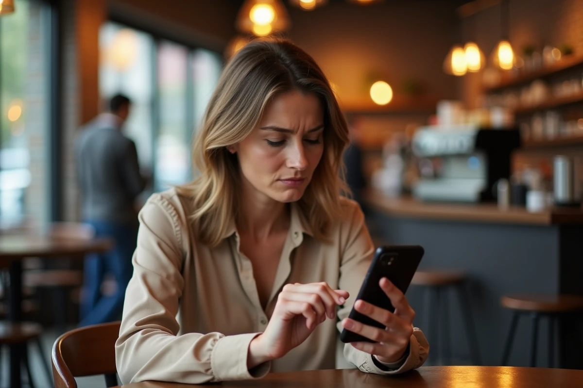 Femme regardant une erreur de connexion réseau sur son smartphone dans un café urbain