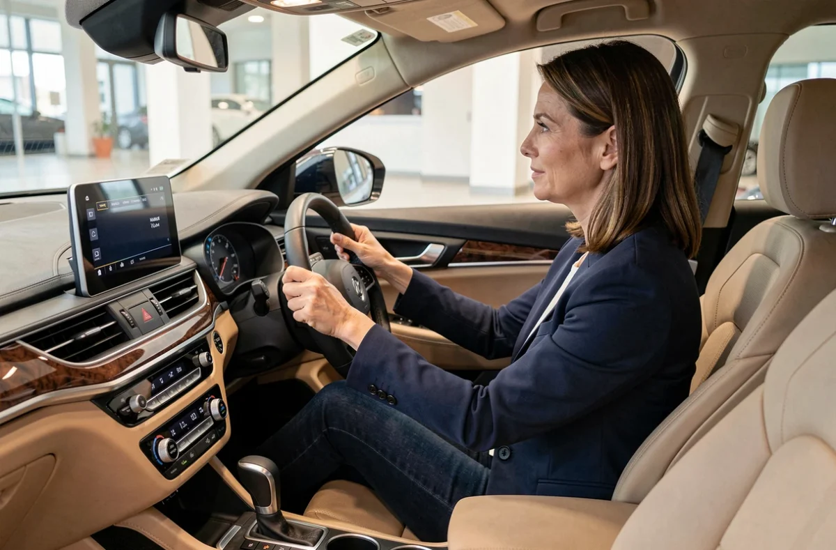 Femme assise au volant d'un SUV compact en concession automobile pour tester l'habitacle
