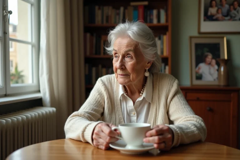 Femme française de 95 ans assise à une table en bois dans un appartement parisien, tenant une tasse de thé avec sérénité