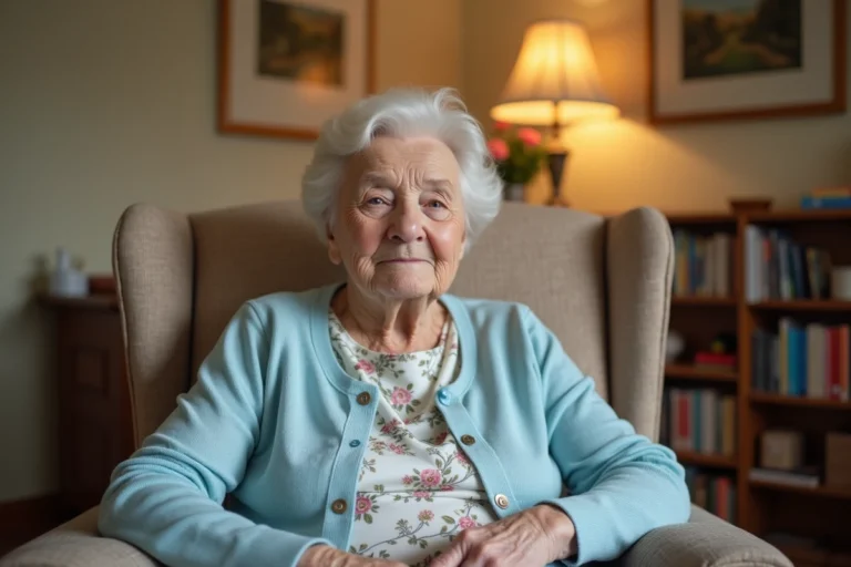 Femme âgée atteinte de démence assise dans un fauteuil confortable dans une maison de retraite britannique
