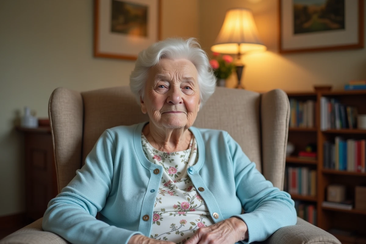 Femme âgée atteinte de démence assise dans un fauteuil confortable dans une maison de retraite britannique