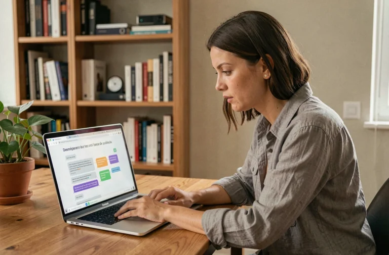 Femme lisant un blog français de référence sur les chatbots sur son ordinateur portable dans un bureau moderne