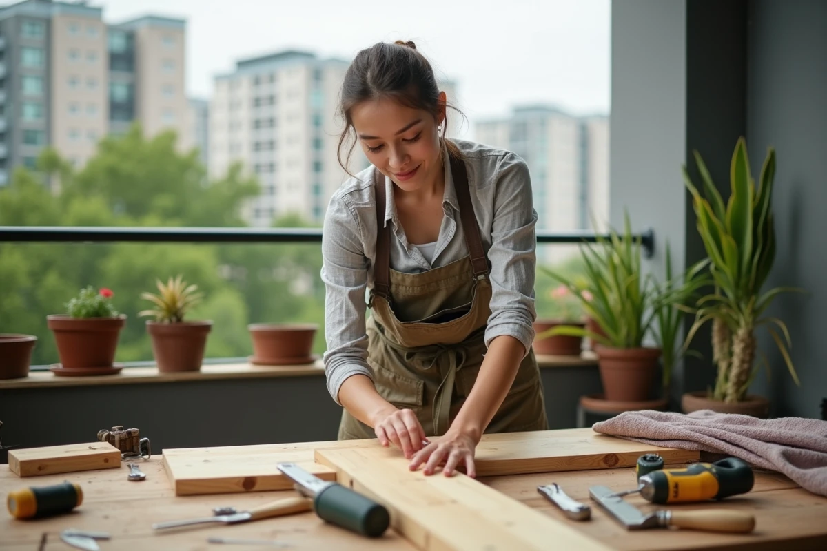 Jeune femme mesure une planche en bois sur un balcon