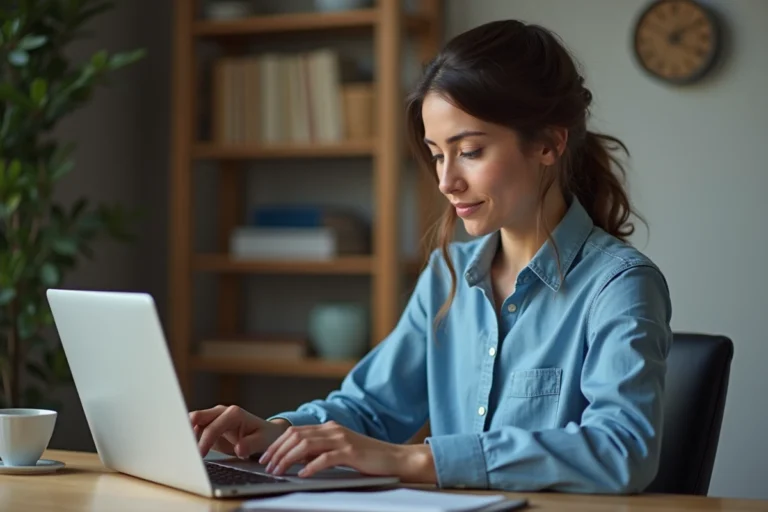 Femme au bureau utilisant un laptop avec webmail Akeonet