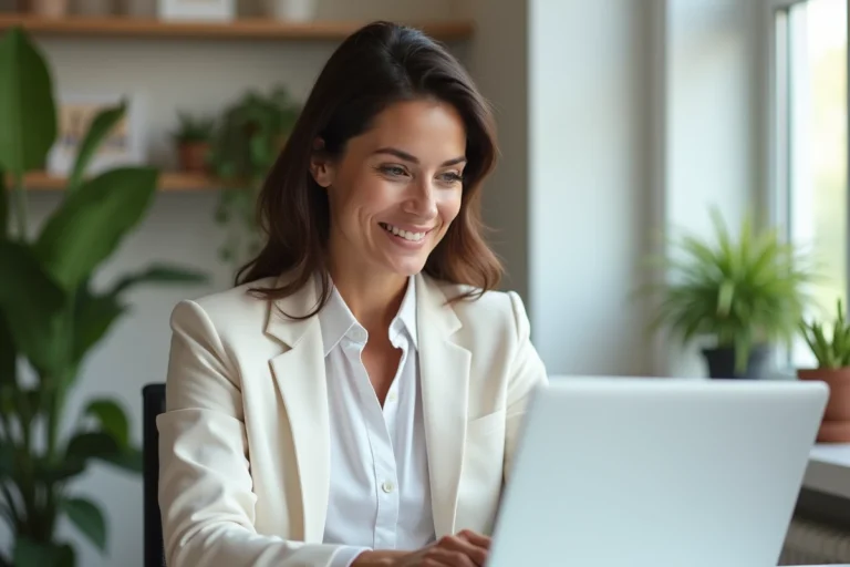 Femme confiante au bureau moderne avec ordinateur