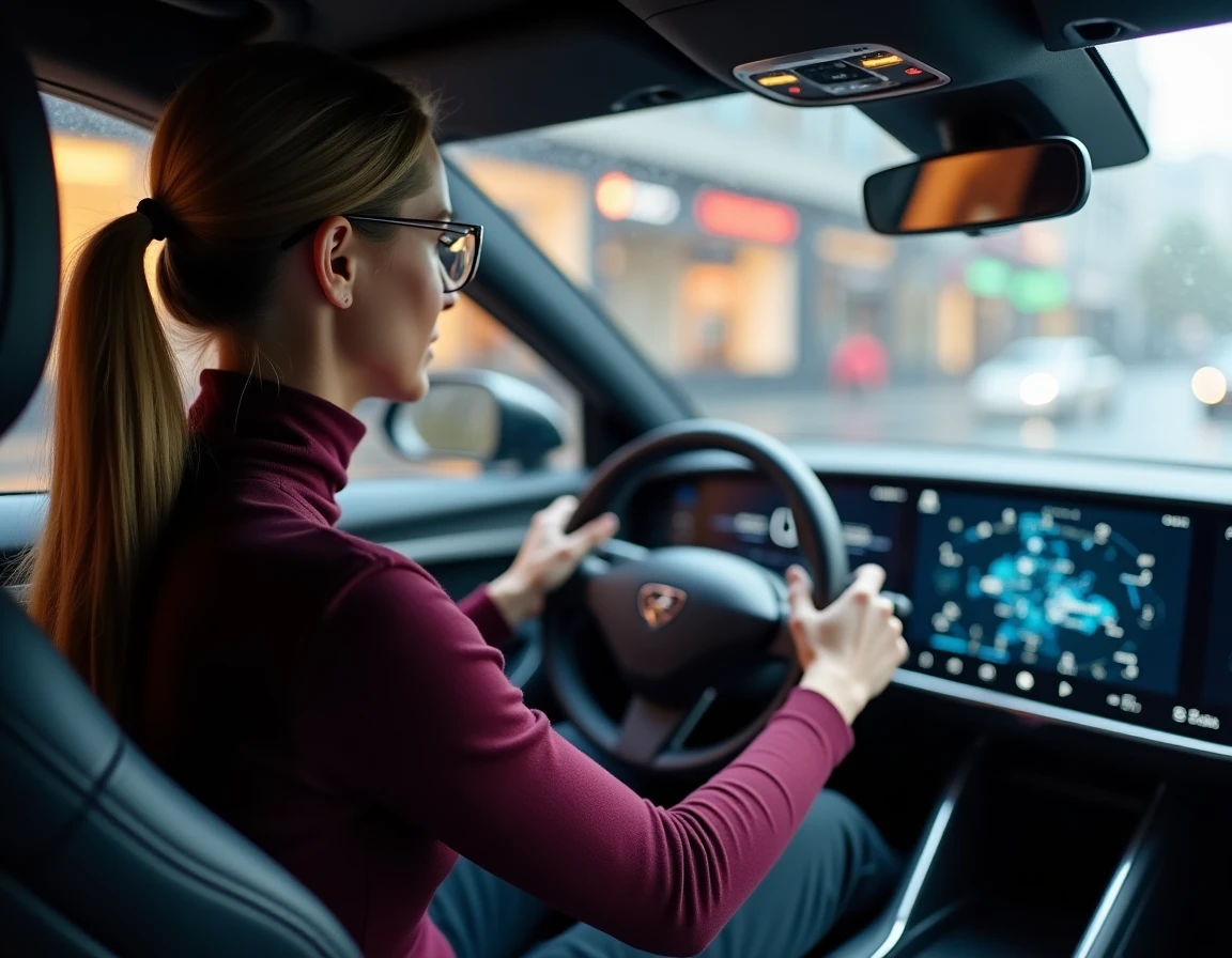 Femme conductrice au volant d'une voiture connectée avec tableau de bord numérique haute technologie, intérieur automobile moderne sous la pluie