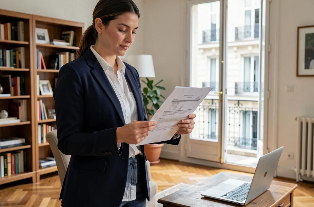 Femme professionnelle consultant un contrat de location meublée dans un appartement lyonnais