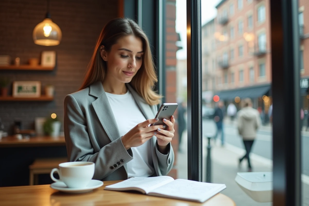 Femme early adopter consultant l'application RabbitFinder depuis un café urbain avec son smartphone
