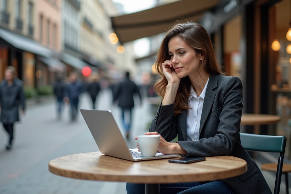 Femme entrepreneure travaillant en extérieur avec ordinateur