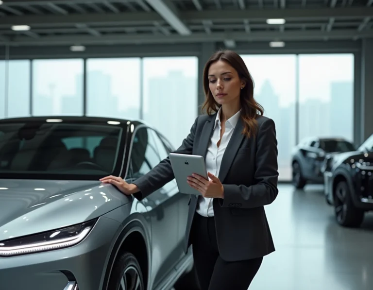 Femme ingénieure automobile en blazer charcoal examinant une tablette numérique aux côtés d'un véhicule électrique dans un studio de design moderne