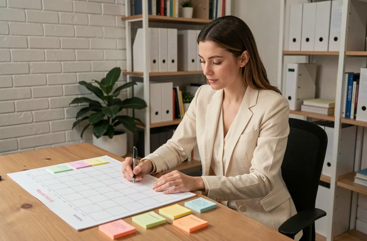 Femme professionnelle organisant son planning hebdomadaire avec un calendrier papier et des notes colorées sur un bureau en bois
