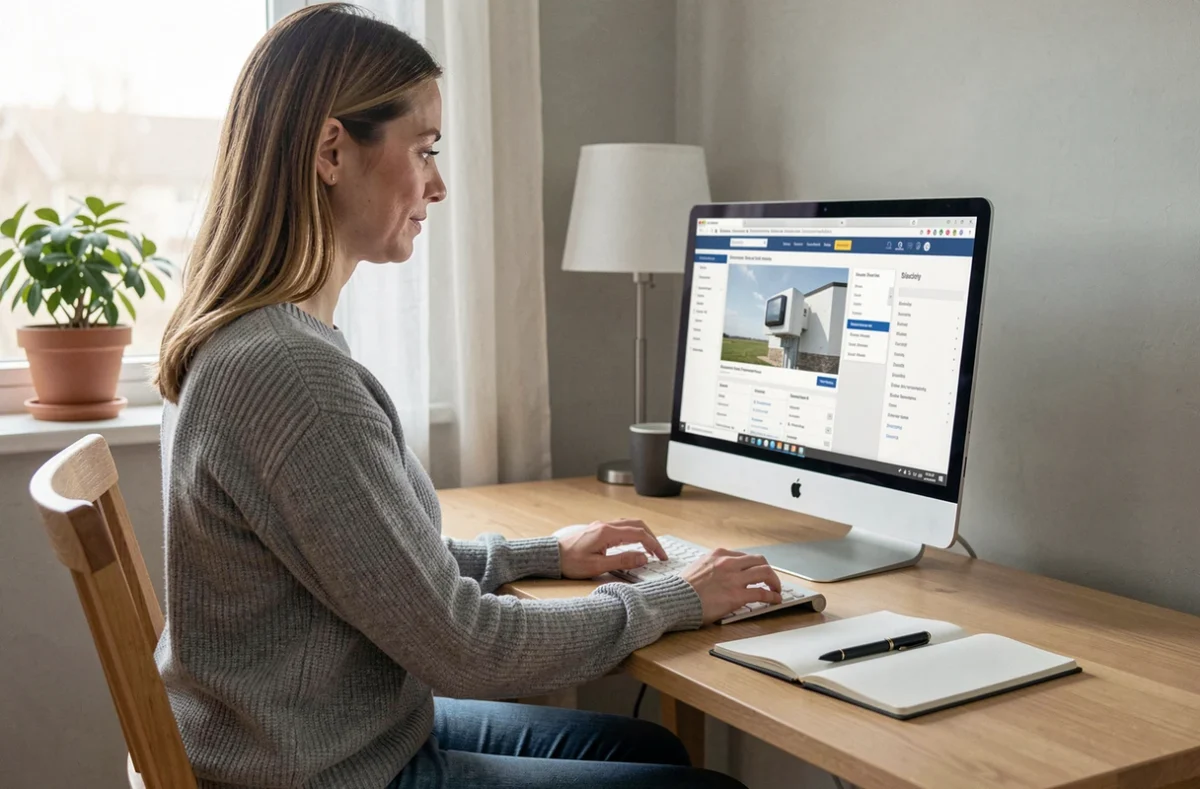 Femme recherchant des informations sur le site Electriciret depuis son bureau à domicile