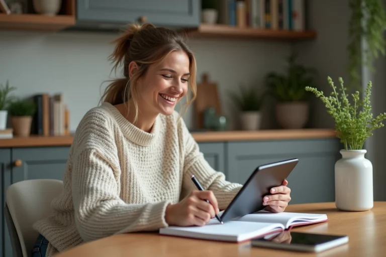 Femme souriante lisant des informations santé à la maison