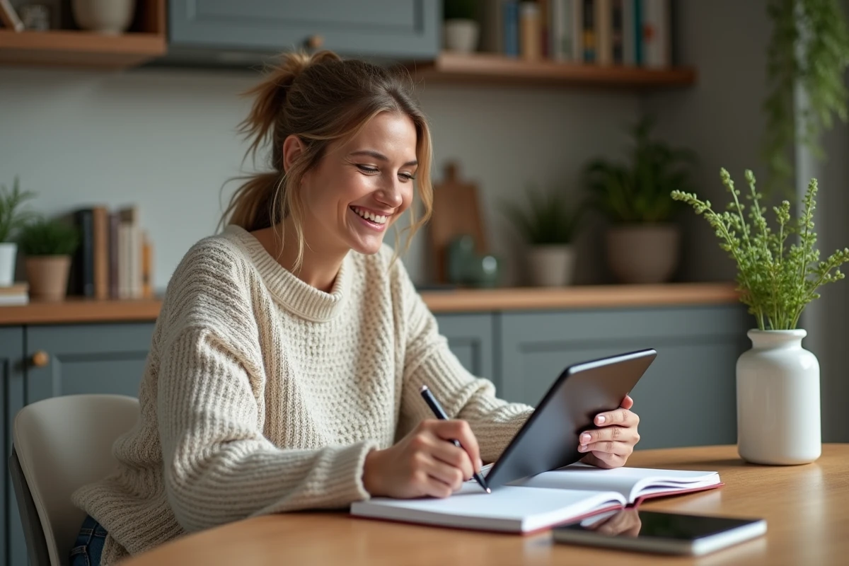 Femme souriante lisant des informations santé à la maison