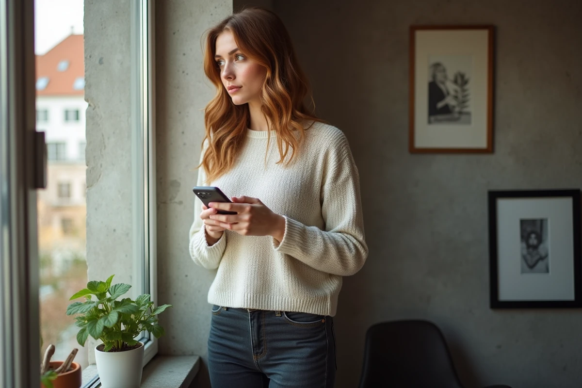 Femme regardant son smartphone dans un appartement moderne
