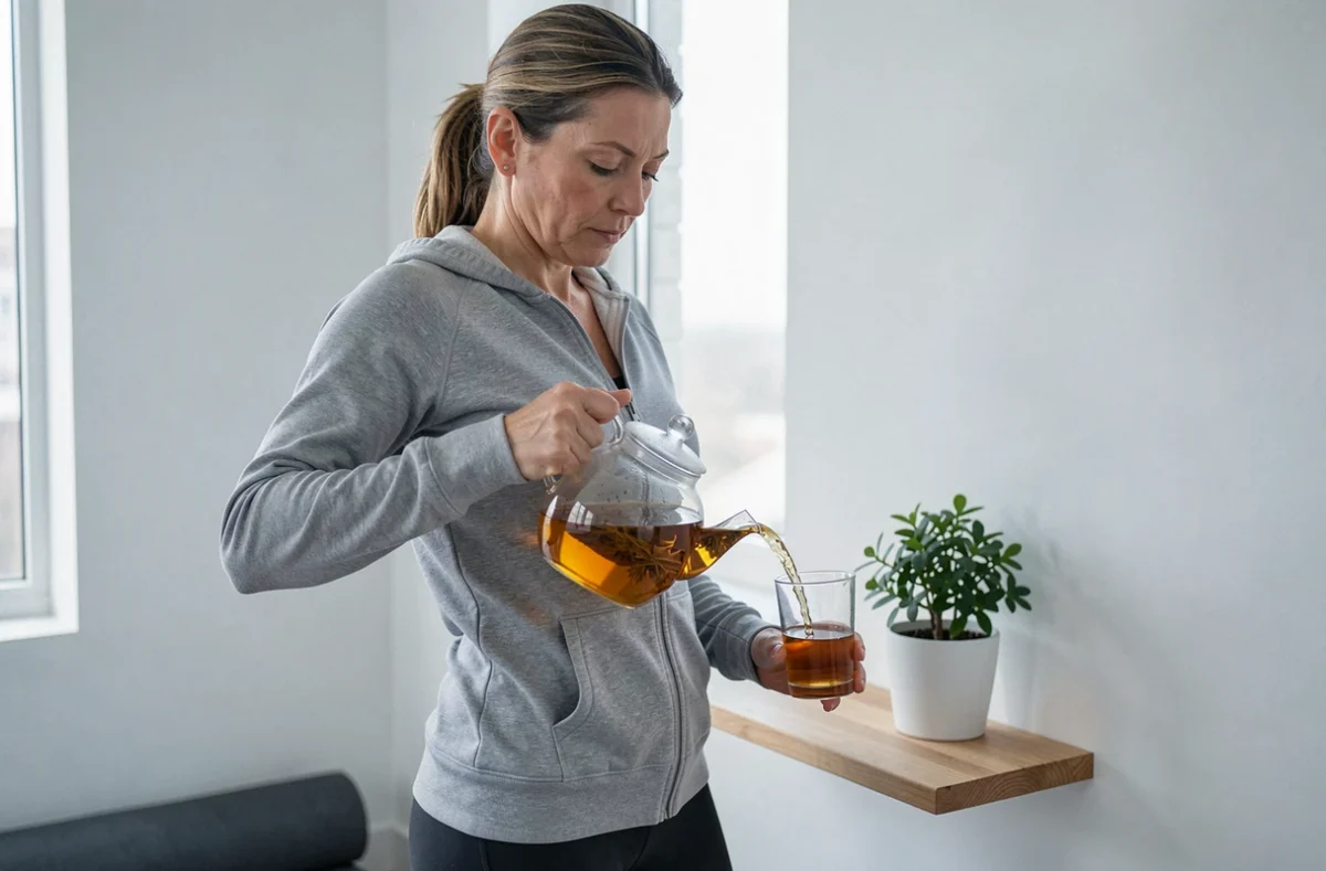 Femme sportive préparant une tisane minceur dans un espace fitness minimaliste à domicile