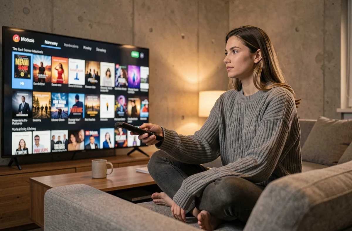 Jeune femme regardant une plateforme de streaming sur grand écran dans un salon moderne et cosy