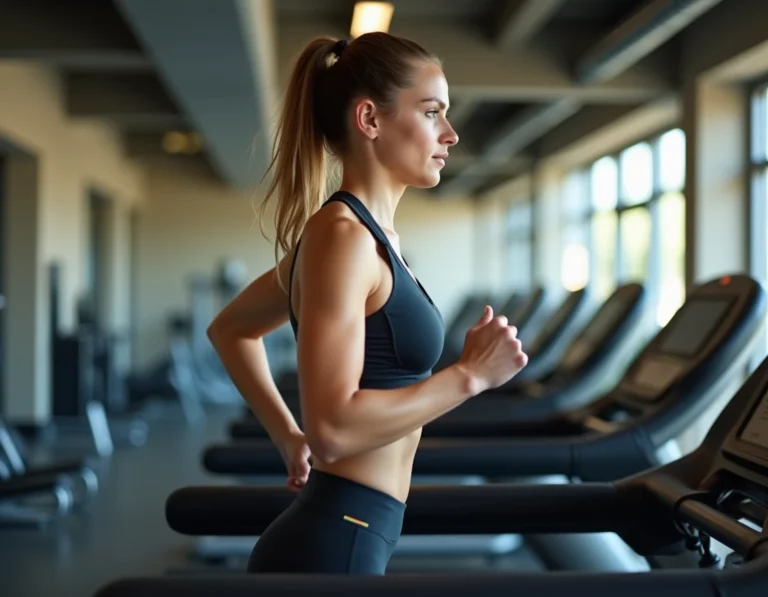 Femme sportive faisant du tapis roulant en salle de sport pour brûler des calories efficacement