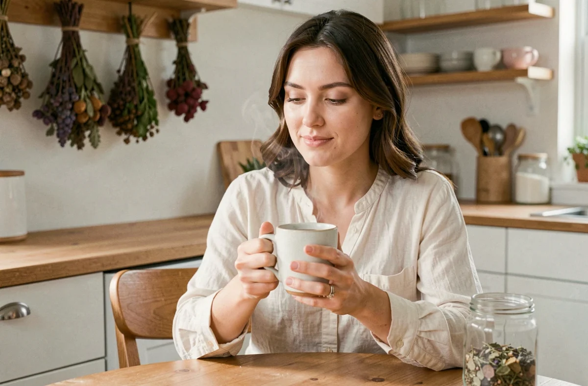 Femme tenant une tasse de tisane minceur naturelle dans une cuisine en bois au style scandinave