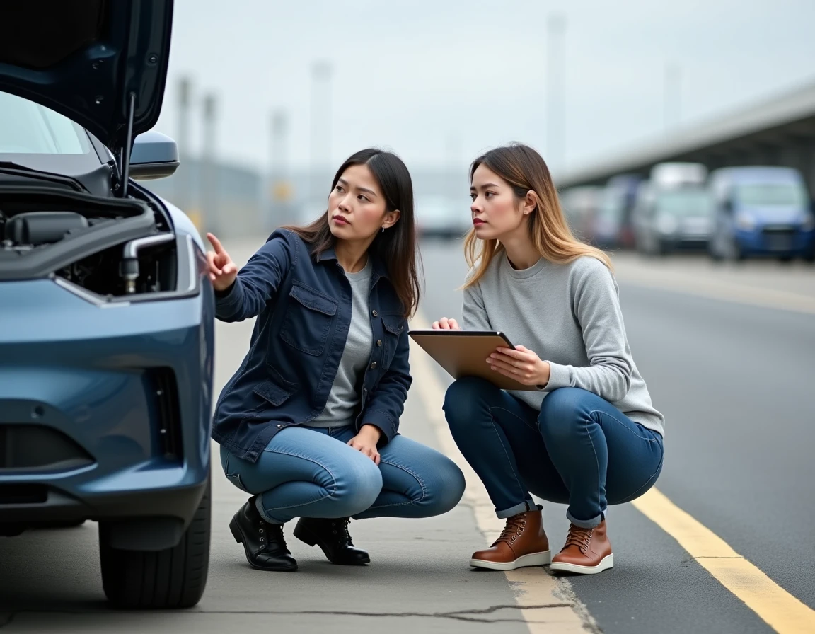 Deux femmes ingénieures automobiles inspectant un module de batterie électrique sous le capot d'un SUV sur une piste d'essai extérieure
