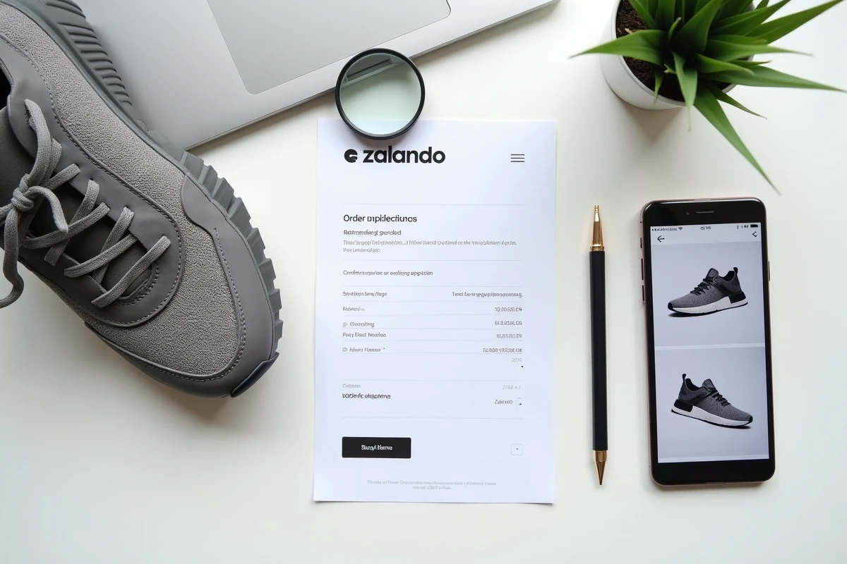 Flat lay d'une sneaker Zalando avec confirmation de commande et application mobile pour vérifier l'authenticité du produit